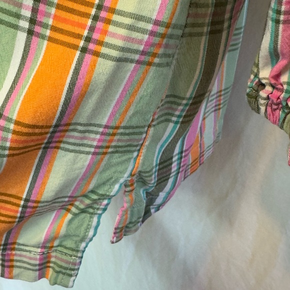 D-175 Crown & Ivy Green Pink & Orange Plaid Ruffle Neck 1/2 Sleeve Blouse Sz M - Picture 9 of 16